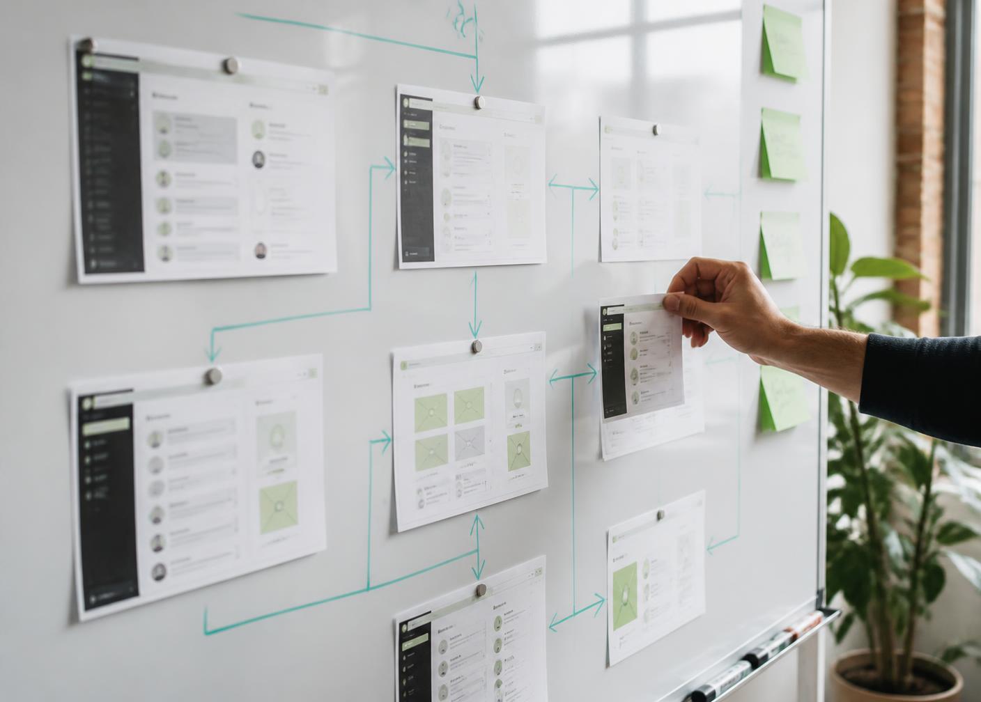 Painel com telas impressas conectadas por setas durante a definição do escopo